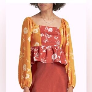 Walter Baker Yellow & Rust Long Sleeve Crop  Floral Top/crepe de chine/M